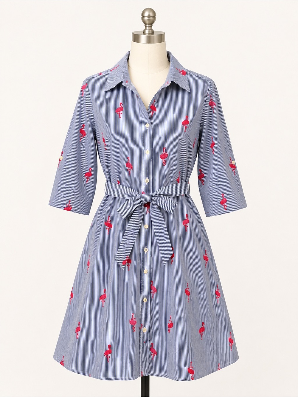 Chloe+Rene Blue Striped Pink Flamingo Button Front Belted Cotton Shirt Dress M